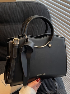 Women Large Capacity PU Leather Tote Bag Fashion Metal Ring Handle Shoulder Crossbody Bag With Bowknot Decoration Handbag