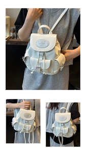 Détail du mini sac à dos blanc brillant avec cordon de serrage et boucle métallique