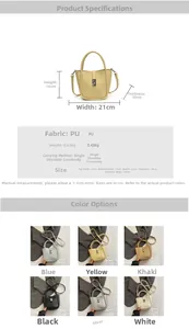 Detailed size chart and multi-color options for the woven texture bucket bag