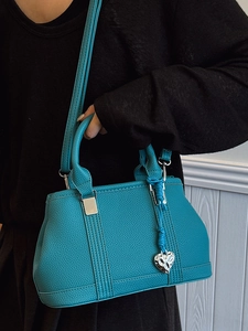 French chic bright blue lychee texture leather handbag with heart pendant for women