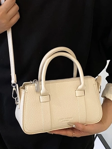 Minimalist cream white lychee pattern leather handbag with silver hardware and shoulder strap
