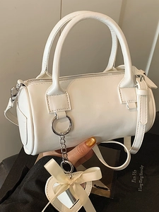 Vintage Minimalist PU Leather Cylinder Shoulder Bag for Women Chic Solid Color Boston Handbag with Adjustable Strap and Bow