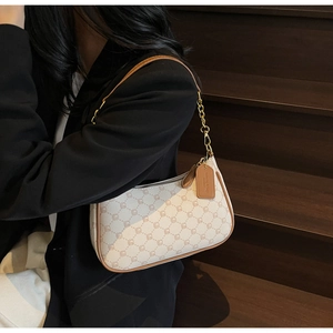Model wearing a vintage baguette shoulder bag with classic monogram pattern and gold chain