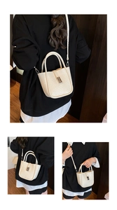 Detailed views of cream bucket bag showing woven texture and silver metal buckle