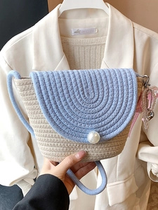 Sweet Woven Crossbody Bag Cotton Rope Straw Artificial Pearl Buckle Summer Beach Vacation Shoulder Bag Mini Phone Bag Women Girls