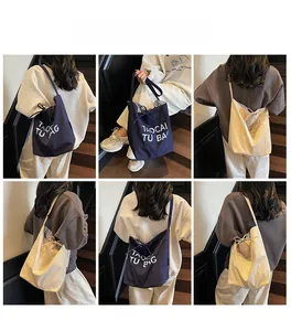 Collage of model showcasing the large canvas tote bag in navy blue and beige colors