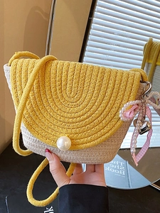 Handwoven straw crossbody bag with pearl buckle and heart charm for women