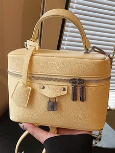 Fashion Women Litchi Grain PU Leather Vanity Case Bag Metal Lock Handbag Double Zipper Shoulder Crossbody Box Bag Jewelry Bag