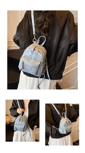 Vues multiples d'un mini sac à dos en denim fleuri bleu avec détails dorés et bretelles