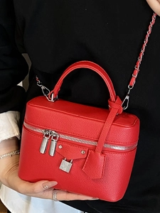 Red lychee grain leather handbag with H buckle and silver chain strap for women