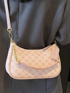 Pink and white rhombic pattern crescent shoulder bag with golden chain and leather strap