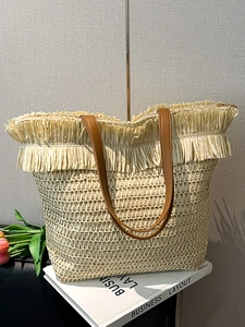 Damen Stroh Gewebte Tragetasche Große Kapazität Bohemian Sommer Strand Schultertasche Handtasche Mit Quastenbesatz