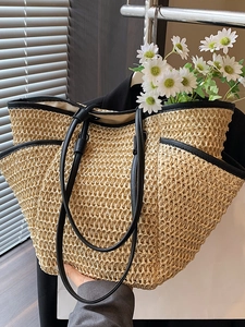 Women Large Capacity Straw Woven Tote Bag Summer Beach Shoulder Bag Minimalist Casual Vacation Handbag With PU Leather Straps