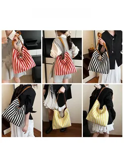 Collage of striped canvas tote bags in red, black, and yellow shown on models