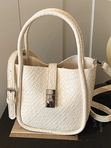 Women Woven PU Leather Bucket Bag Minimalist Solid Color Handbag With Metal Lock Adjustable Strap Crossbody Shoulder Bag