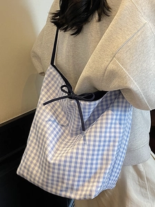 Blue checkered canvas tote bag with drawstring bow detail shown on a model's shoulder