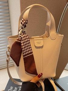 Borsa a Secchiello da Donna in Pelle PU con Texture Litchi e Decorazione Foulard Pied de Poule Borsa a Tracolla per Uso Quotidiano