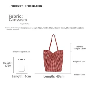 Detailed size specifications for the large red gingham canvas tote bag for students