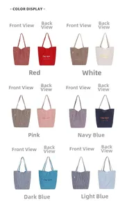 Matrix view of six colorful canvas tote bags showing check patterns and typography