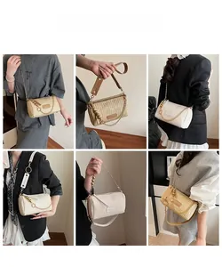 Détails de sacs à bandoulière tissés avec chaînes dorées et touches de cuir