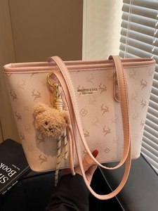 Women Large Capacity Tote Bag Fashion PU Leather Deer Monogram Print Shoulder Bag Versatile School Shopping Handbag With Charm