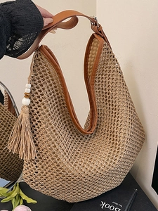 Sac à Épaule en Paille Tressée pour Femmes Grand Sac Cabas avec Pendentif à Gland et Bordure en PU Marron Sac à Main de Plage de Vacances