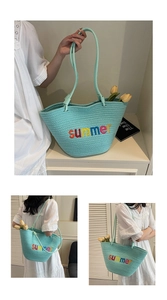 Detail of mint green woven tote bag with colorful summer embroidery and spacious interior