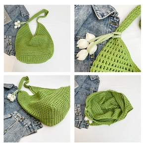 Detailed views of a green crochet tote bag featuring floral tulip charms and hollow mesh knit