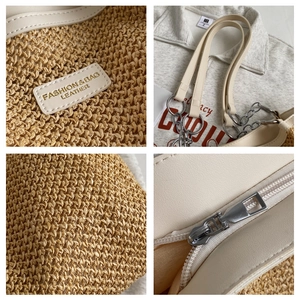 Close-up of beige woven tote with leather patch and gold chain strap detail