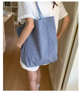 Detail of blue and white checkered canvas tote bag worn by model in bright interior