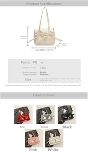 Detailed size guide and color options for the vintage PU leather bow shoulder bag