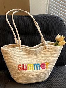 Women Large Capacity Woven Rope Tote Bag Colorful Summer Alphabet Embroidery Beach Shoulder Bag Handbag Urban Minimalist Style