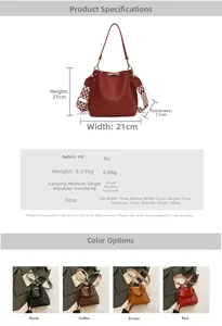 Detailed size parameters and color display of the PU leather bucket bag with wide strap