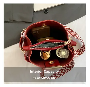 Top view of red leather bucket bag showing internal capacity for phone and cosmetics