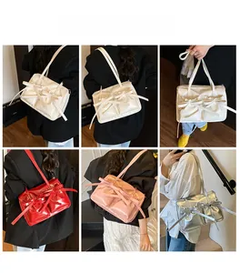 Collage of chic bow hobo bags in white, red, pink, and silver for casual styling
