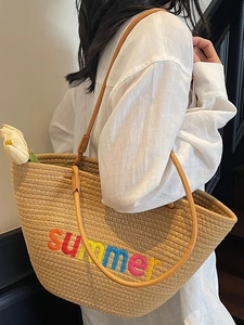 Large woven beach tote bag with summer embroidery and leather straps for women