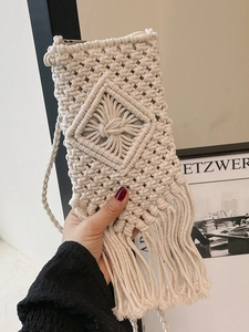 Handmade Woven Macrame Shoulder Bag Women Bohemian Tassel Crossbody Bag Hollow Geometric Small Beach Mobile Phone Purse