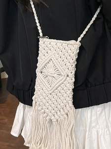 Handmade cream macramé crossbody phone bag with fringe tassel and diamond weave pattern