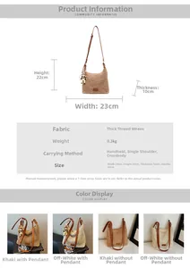 Detailed size specifications and material chart for large cotton woven bucket bag