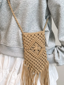 Handmade bohemian khaki crochet phone bag with diamond weave and long tassels