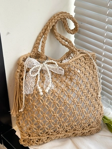 Handmade Woven Hollow Tote Bag With Tassels Lace Bow Artificial Pearl Decor Summer Beach Shoulder Bag For Women Vacation Shopping