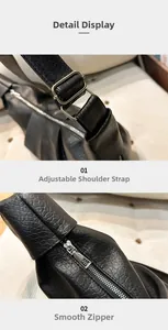 Detail of adjustable shoulder strap with silver buckle and smooth zipper on black bag