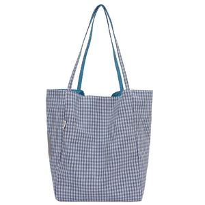 Large capacity tote bag with blue and white plaid pattern for school or commuting