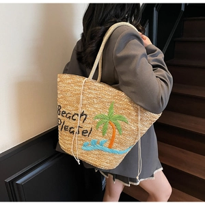 Detail of summer straw tote with Beach Please embroidery and palm tree beach pattern