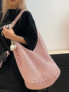 Pink hollow crochet woven cotton shoulder bag with large capacity for summer beach