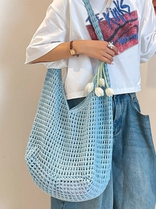 Large sky blue handmade crochet cotton woven shoulder bag with hollow mesh for summer beach