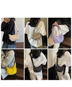 Collage of multi-colored half-moon crossbody bags showing various styling options