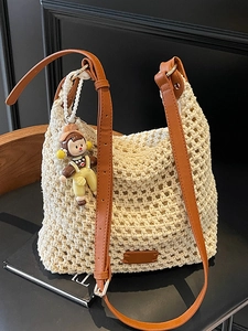 Women Hand-Woven Cotton Rope Bucket Bag Large Capacity Hollow Out Shoulder Bag PU Leather Strap Casual Summer Beach Handbag