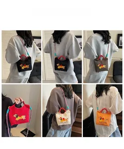 Detailed grid view of embroidered dachshund bucket bags in multiple colors with woven straps