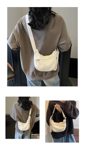 Detailed views of white canvas crescent bag showing various wearing styles and strap detail